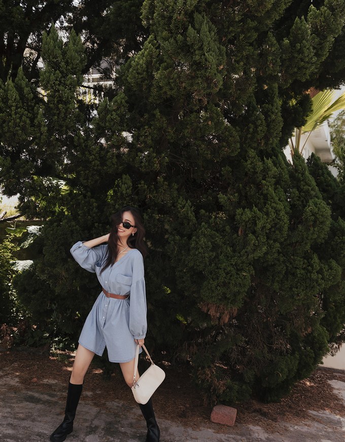 Voguish Buttoned Puffy Denim Jeans Mini Dress(With belt)