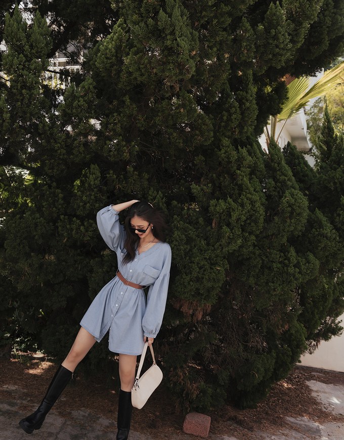 Voguish Buttoned Puffy Denim Jeans Mini Dress(With belt)