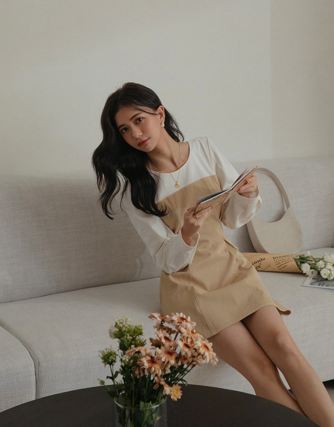 Dainty Splice Pleated Tie-Waist Mini Dress