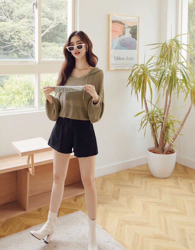 Minimal Simplicity Drawstring-Waist Sheer Knit Hoodie