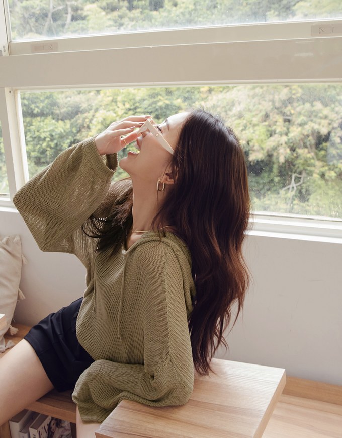 Minimal Simplicity Drawstring-Waist Sheer Knit Hoodie