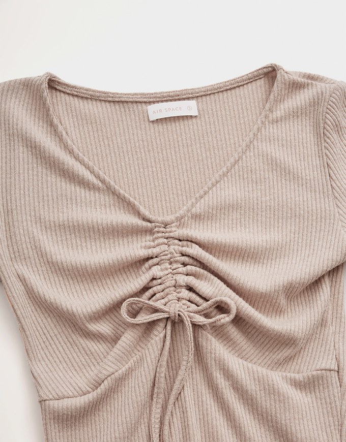 Front Ruched Lettuce-Edge Hem Knit Top