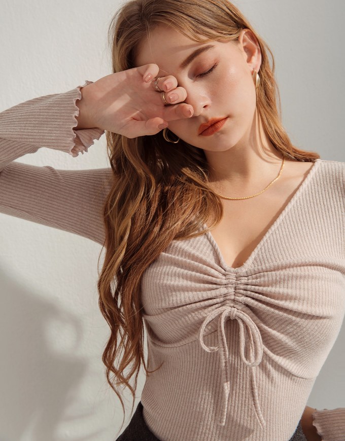 Front Ruched Lettuce-Edge Hem Knit Top