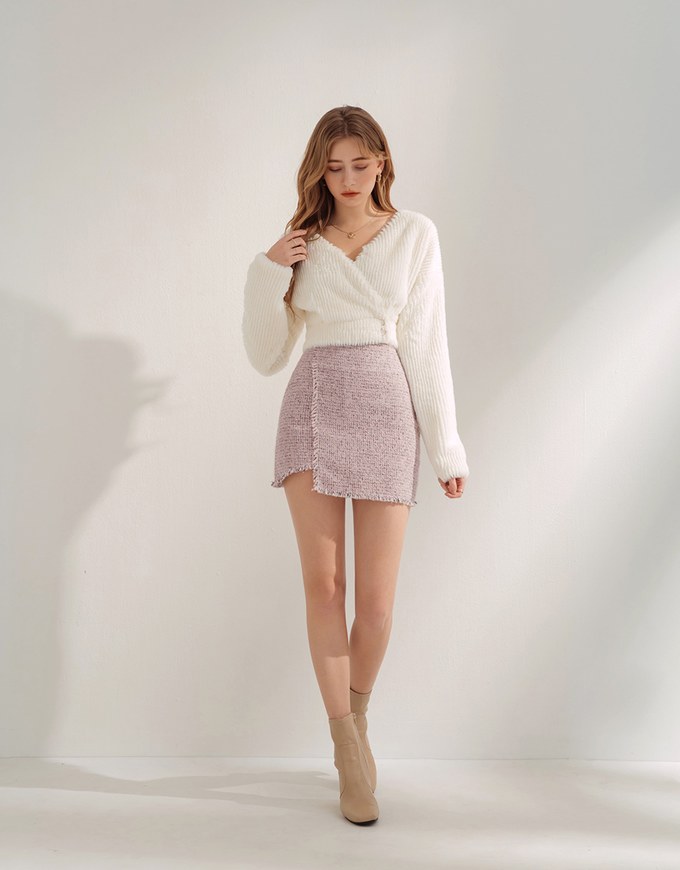 Danity Tweed Asymmetrical Frayed Hem Skorts