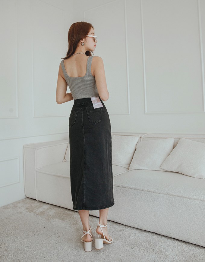 No Filter High Waisted Snatched Waist Shape-Up Slimming Slit Denim Jeans Midi Skirt