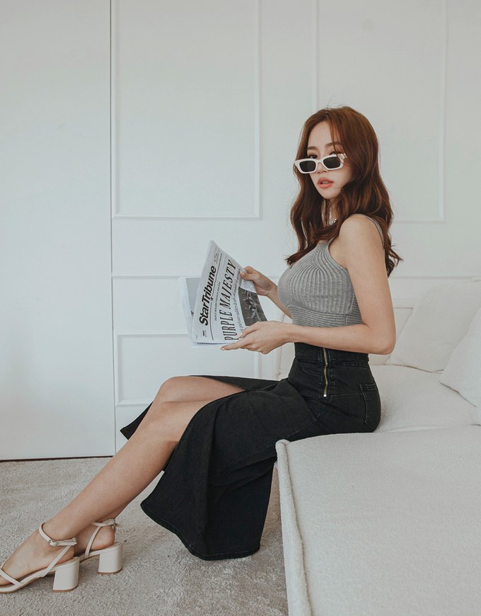 No Filter High Waisted Snatched Waist Shape-Up Slimming Slit Denim Jeans Midi Skirt