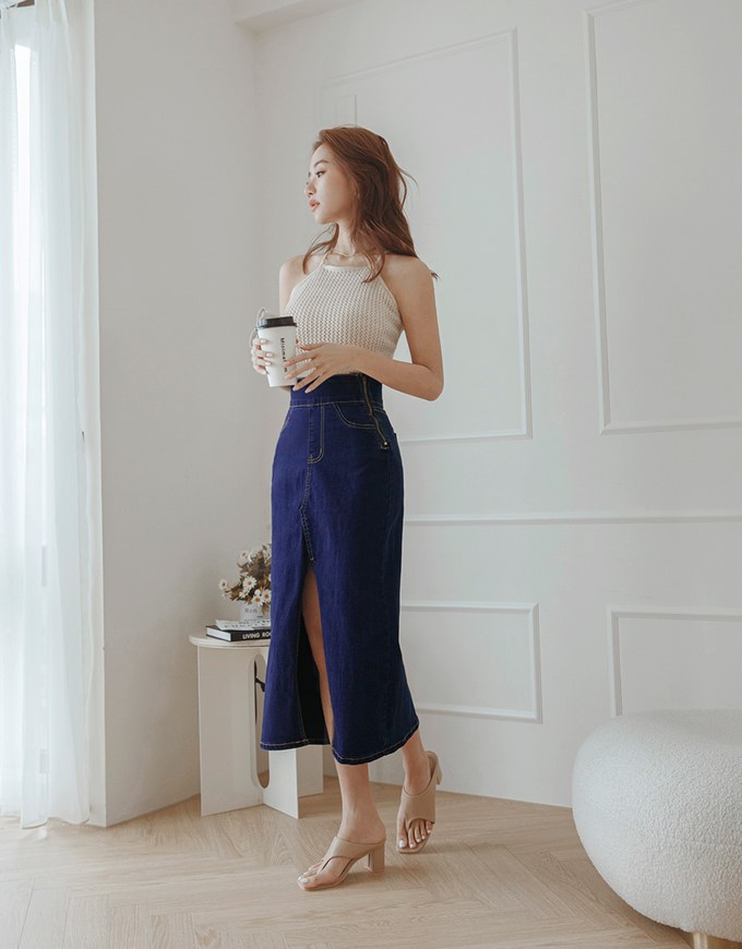 No Filter High Waisted Snatched Waist Shape-Up Slimming Slit Denim Jeans Midi Skirt