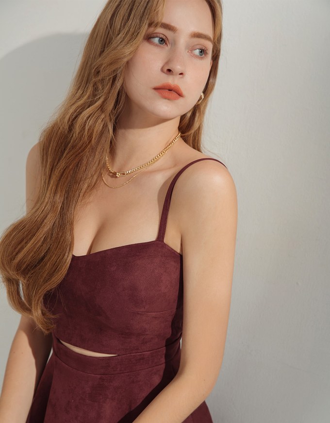 Sweetheart Hollow Suede Cami Dress (With Padding)