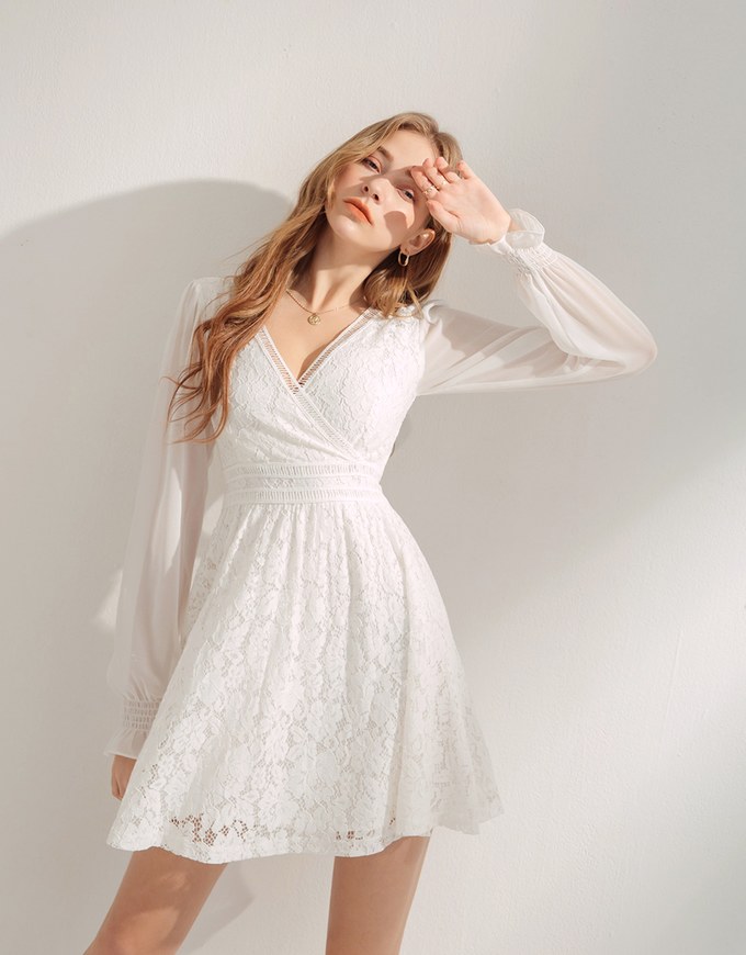Classy Demure Hollow Texture Lace Mini Dress