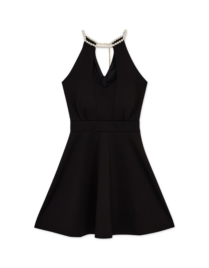 Pearl Halter Front-Hollow Mini Dress