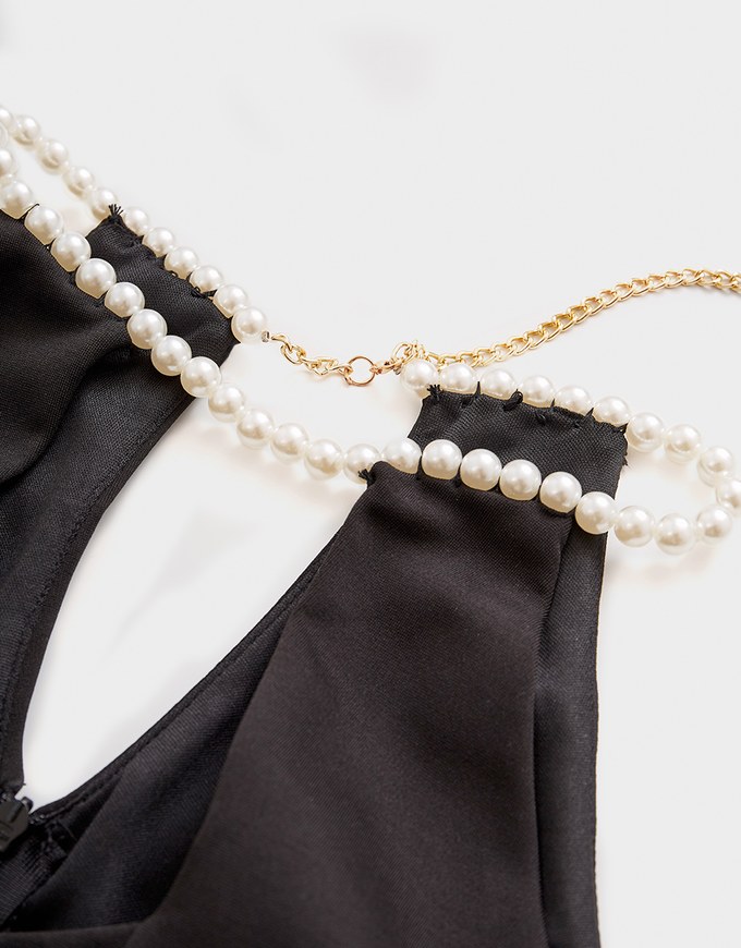 Pearl Halter Front-Hollow Mini Dress