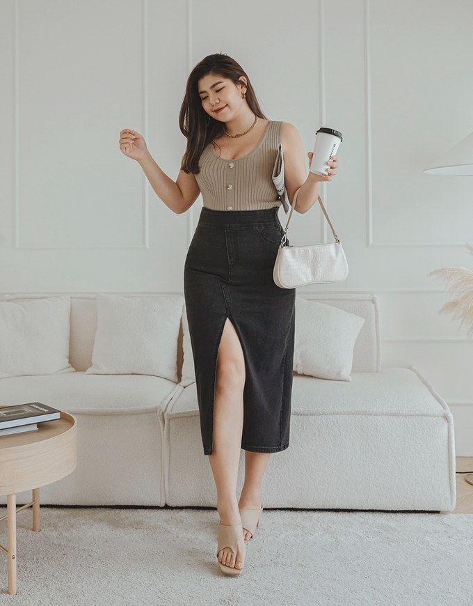 No Filter High Waisted Snatched Waist Shape-Up Slimming Slit Denim Jeans Midi Skirt