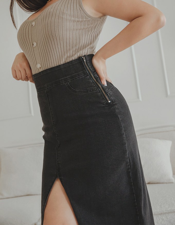 No Filter High Waisted Snatched Waist Shape-Up Slimming Slit Denim Jeans Midi Skirt