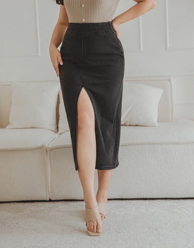 No Filter High Waisted Snatched Waist Shape-Up Slimming Slit Denim Jeans Midi Skirt