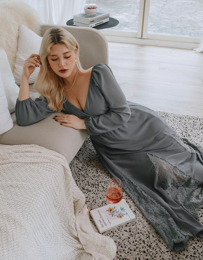 Classy Demure Splice Lace Sheer Maxi Dress