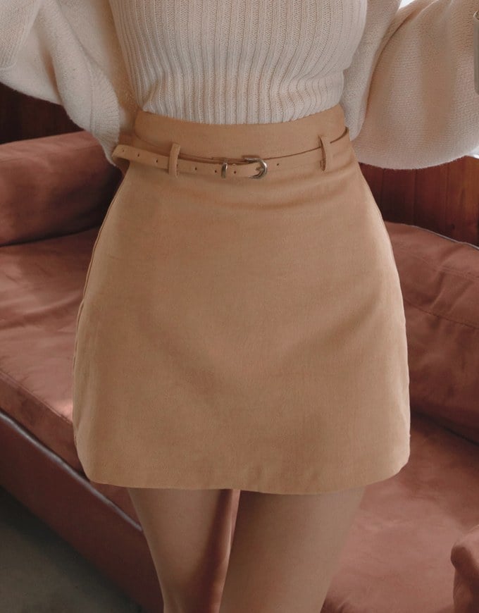 High Waisted Suede A-Line Mini Skirt (With Belt)
