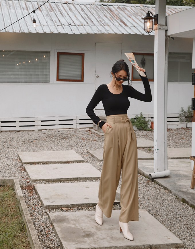 2Way High Waisted Pleated Wide Leg Pants (With Belt)