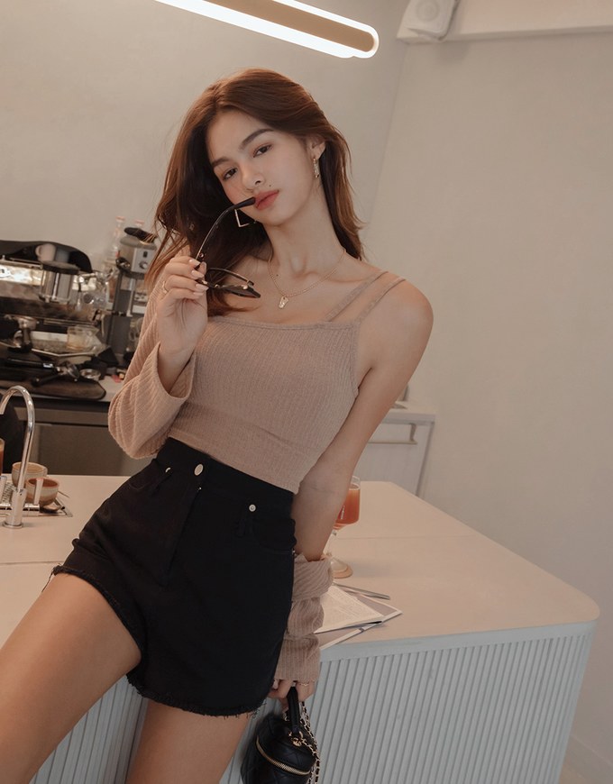 Set Wear One Shoulder Camisole Padded Bra Top + Cardigan