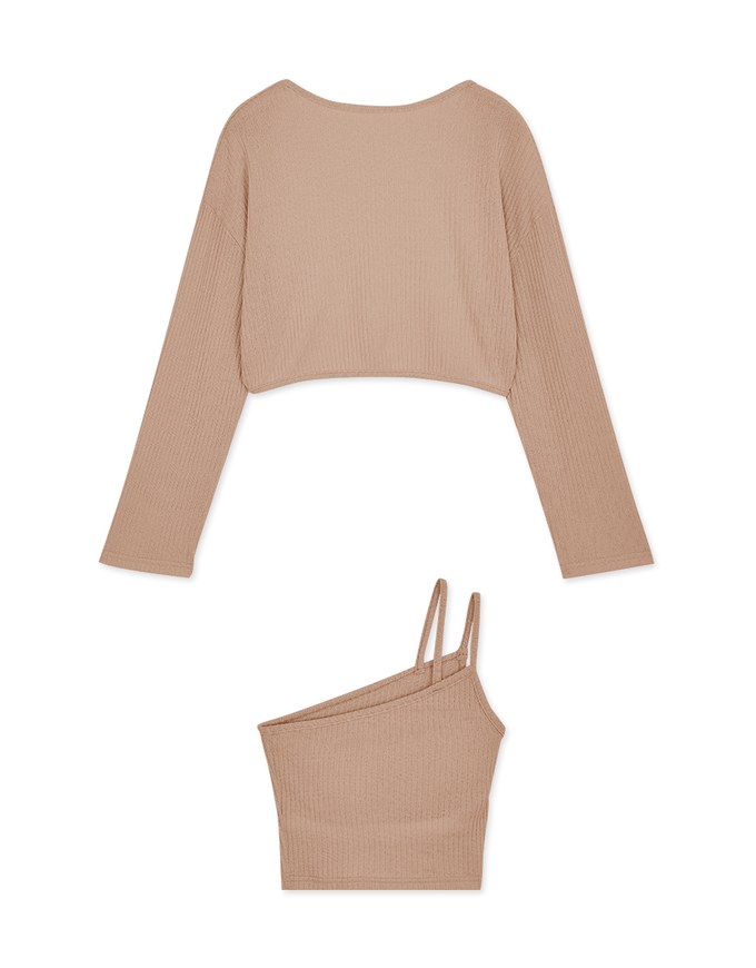Set Wear One Shoulder Camisole Padded Bra Top + Cardigan