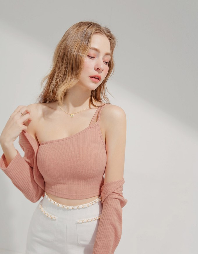 Set Wear One Shoulder Camisole Padded Bra Top + Cardigan