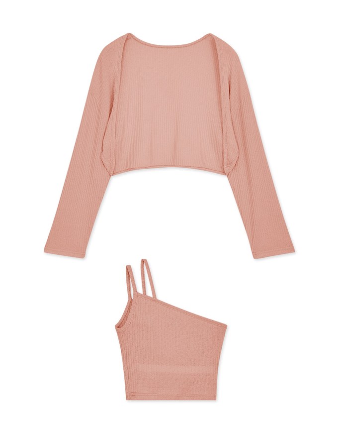 Set Wear One Shoulder Camisole Padded Bra Top + Cardigan