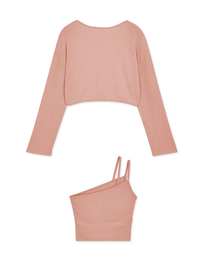 Set Wear One Shoulder Camisole Padded Bra Top + Cardigan