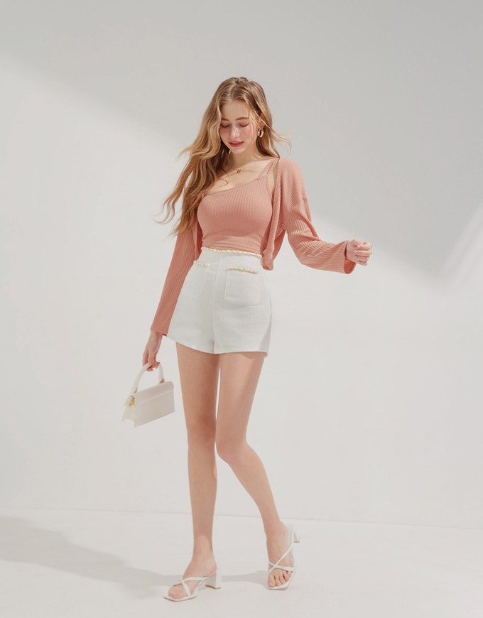 Set Wear One Shoulder Camisole Padded Bra Top + Cardigan