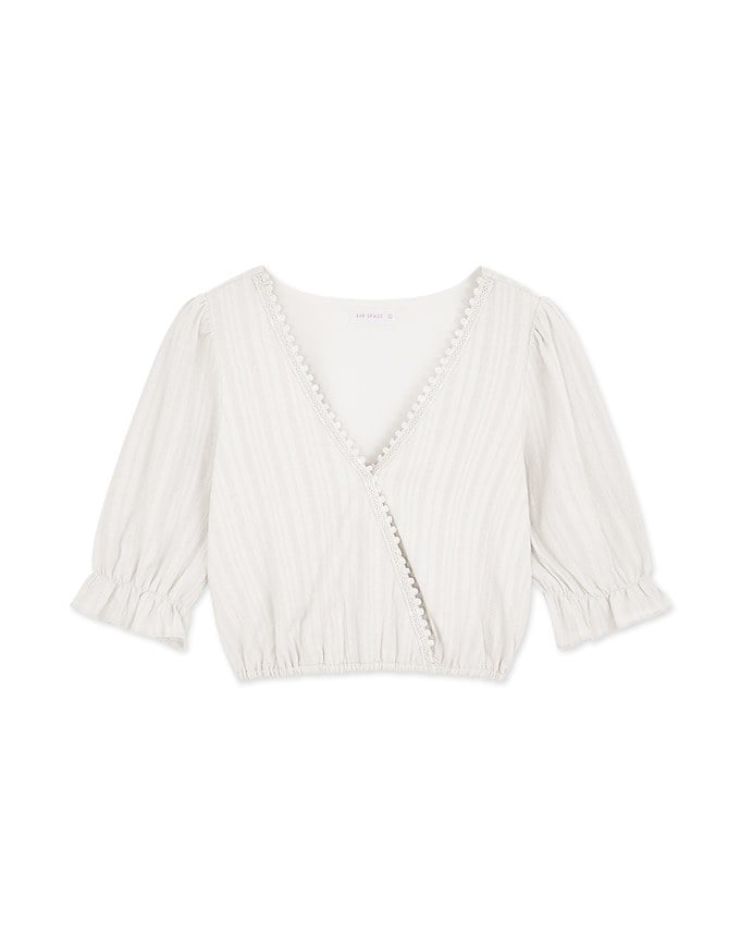 Embossed Blossoms Half Sleeve Trim Crop Top