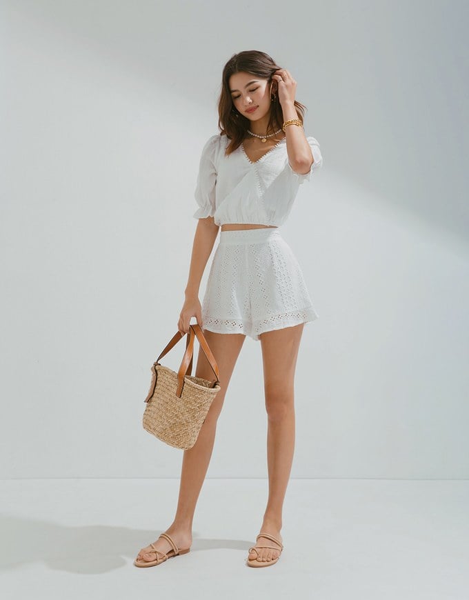 Embossed Blossoms Half Sleeve Trim Crop Top