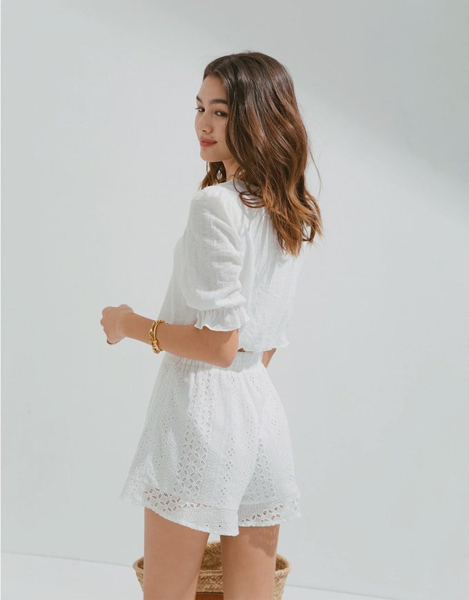 Embossed Blossoms Half Sleeve Trim Crop Top