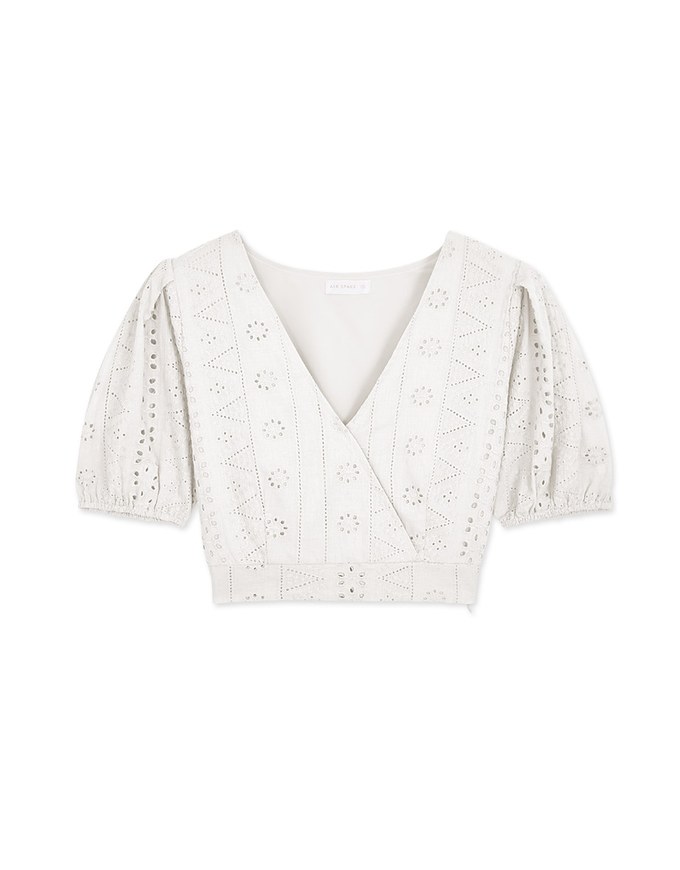 Delicate Crossover Eyelet Lace Puff Sleeve Top