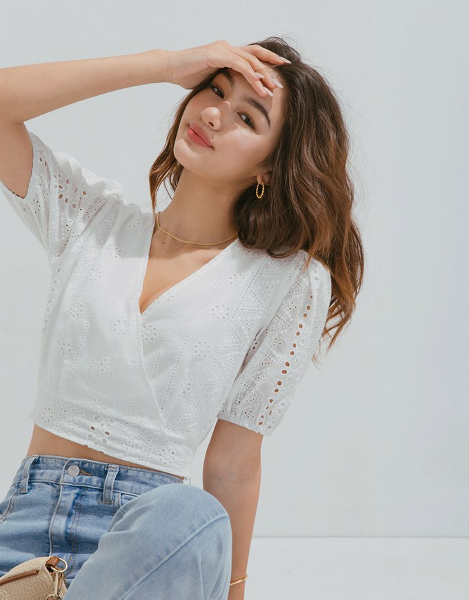 Delicate Crossover Eyelet Lace Puff Sleeve Top