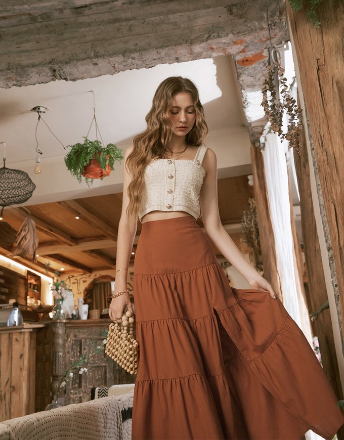 Boho-Chic Layered Splice Slit Maxi Skirt