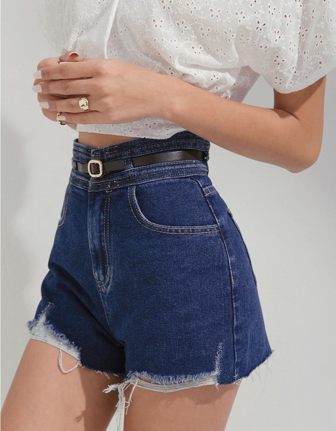High Waisted Distressed Hem Denim Jeans Shorts (With belt)