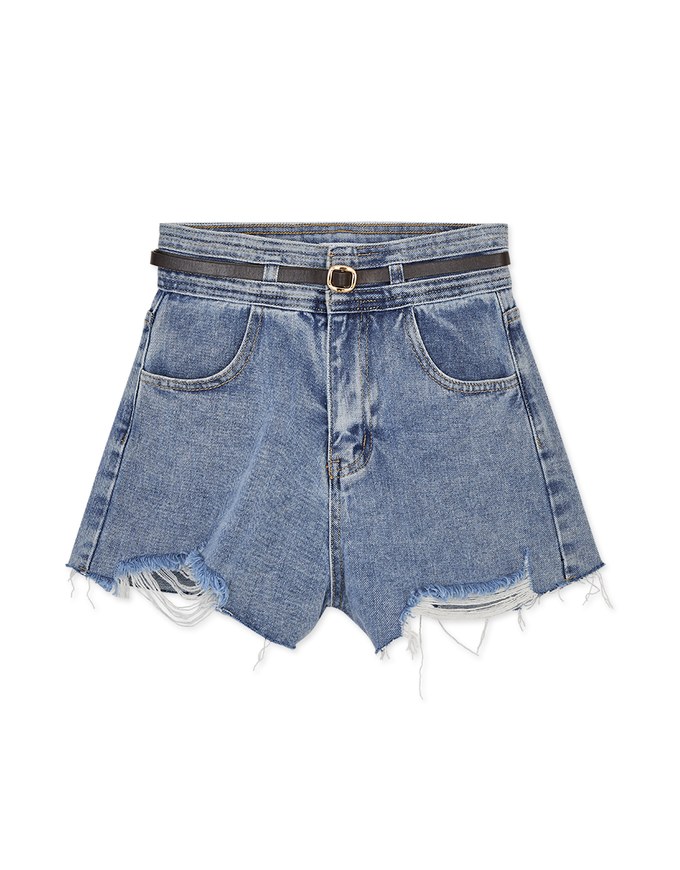 High Waisted Distressed Hem Denim Jeans Shorts (With belt)