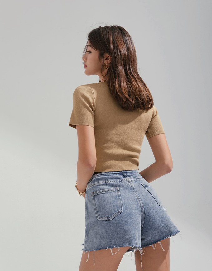 High Waisted Distressed Hem Denim Jeans Shorts (With belt)