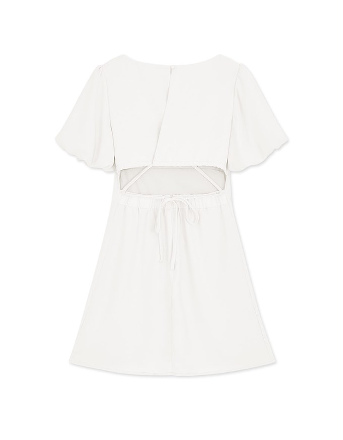 Vigorous Back-Slit Tie-Strap Hollow Waist Puff Sleeve Mini Dress