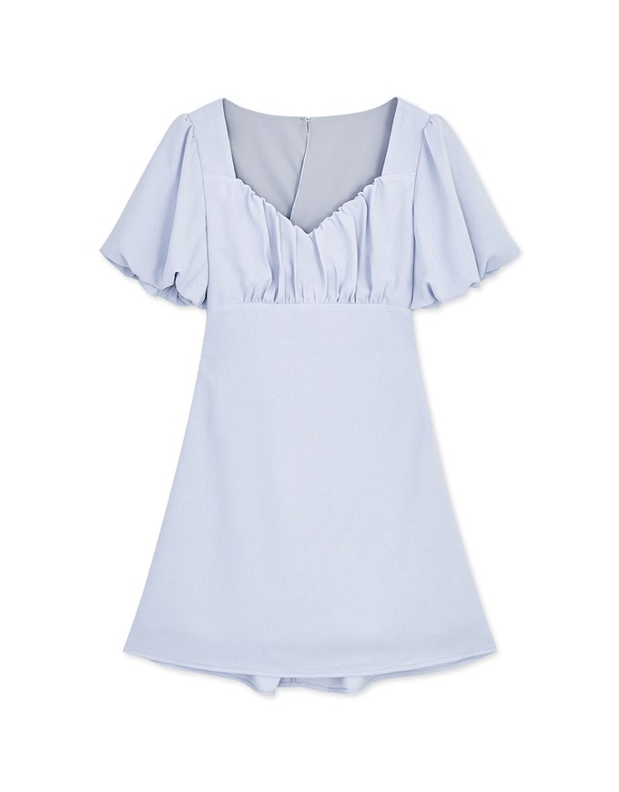 Vigorous Back-Slit Tie-Strap Hollow Waist Puff Sleeve Mini Dress