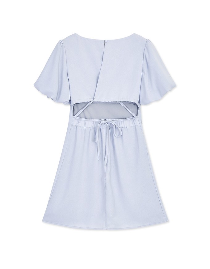 Vigorous Back-Slit Tie-Strap Hollow Waist Puff Sleeve Mini Dress
