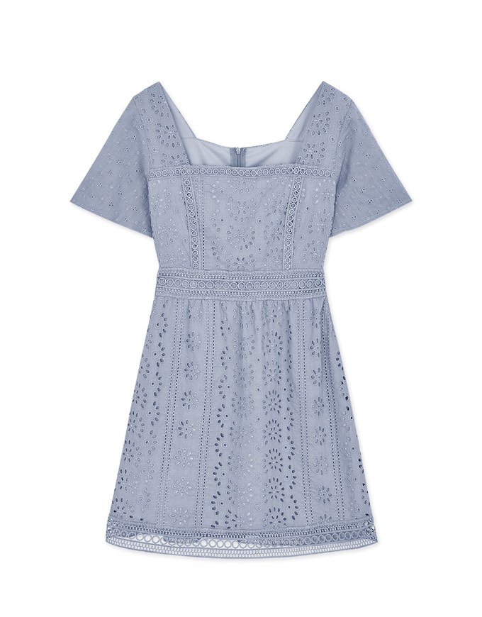 Embroidered Square Neck Lace Mini Dress