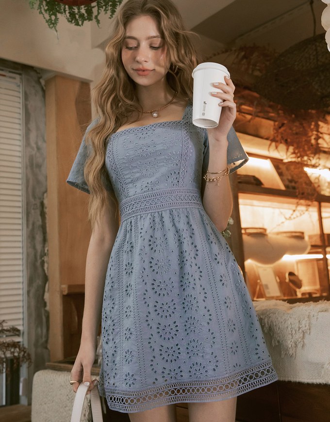 Embroidered Square Neck Lace Mini Dress