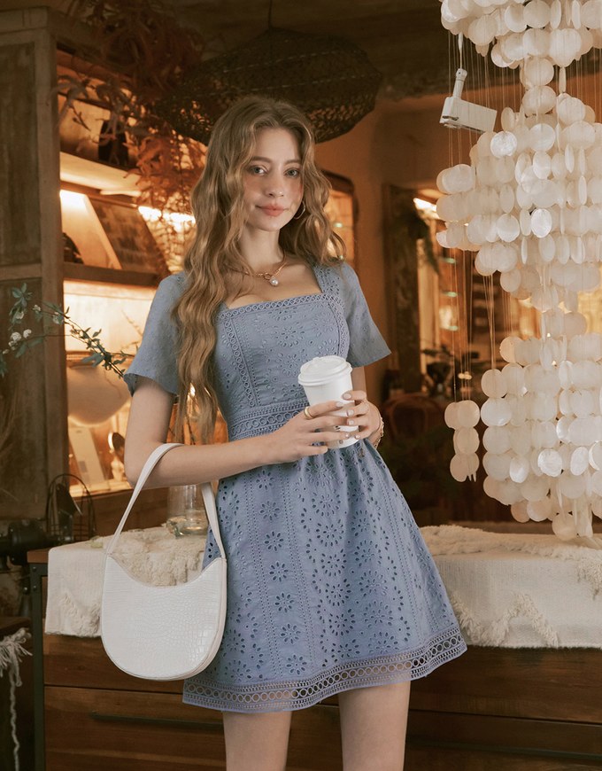 Embroidered Square Neck Lace Mini Dress