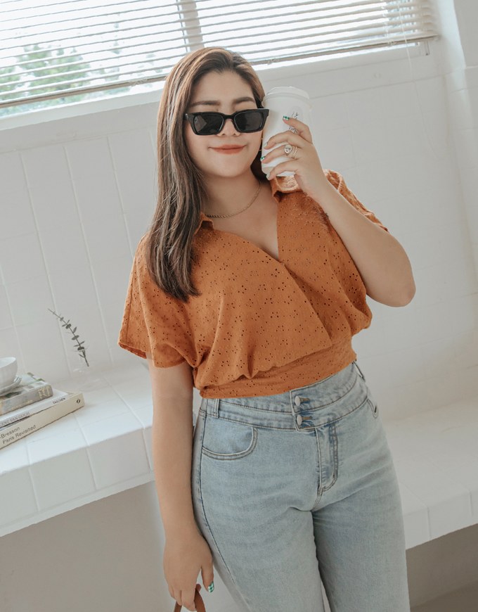 Embroidered Low-cut Lapel Crop Top