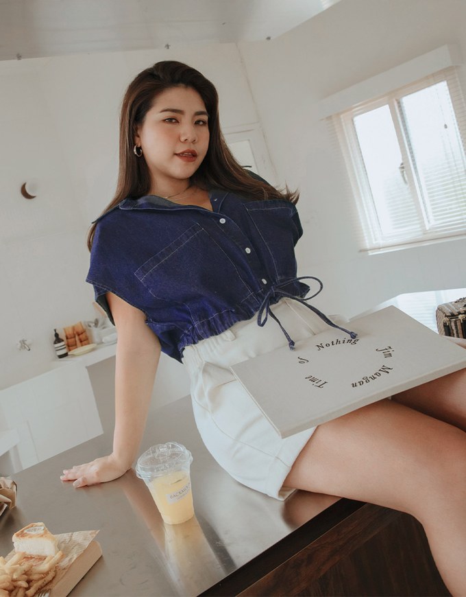 Casual Chic Drawstring Crop Denim Top