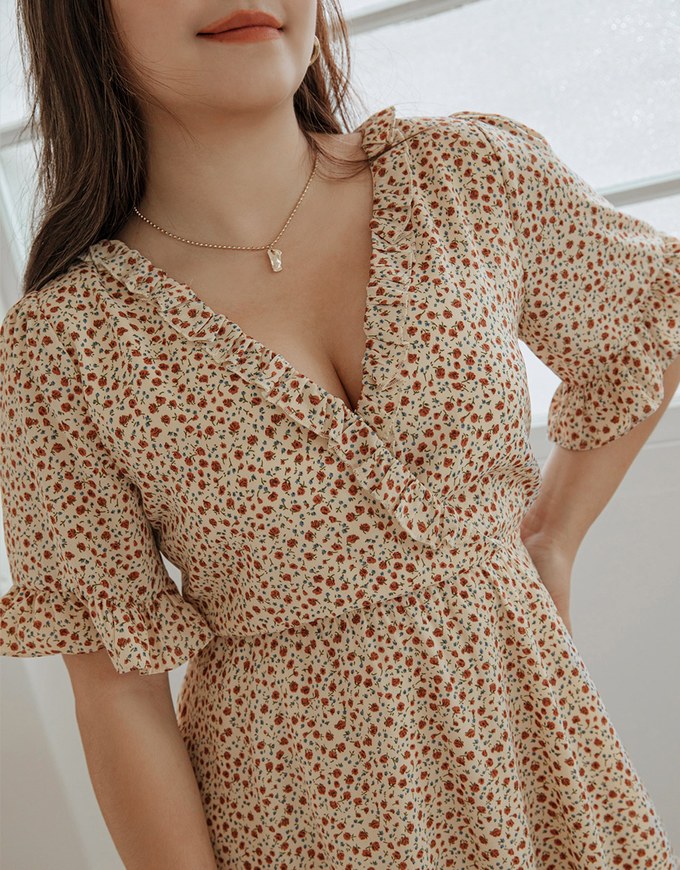Classy Floral Ruffled Splice Chiffon Mini Dress