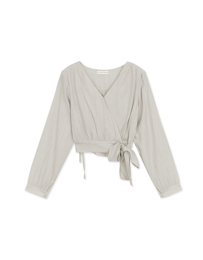 Textured Crinkled V-Necked Side-Drawstring Blouse Shirt