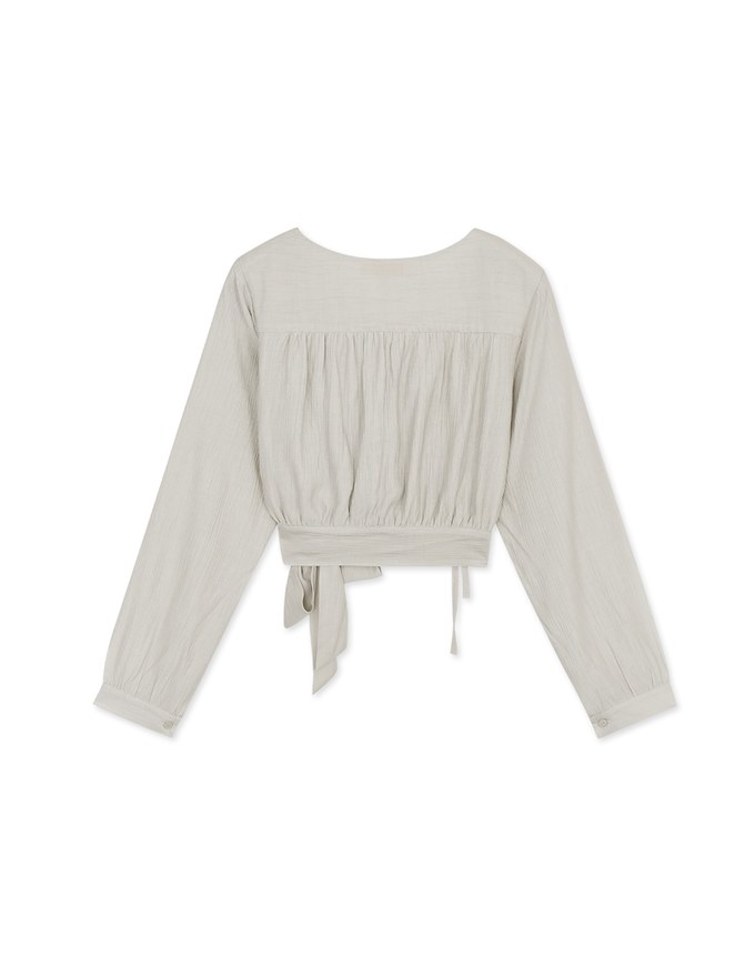 Textured Crinkled V-Necked Side-Drawstring Blouse Shirt