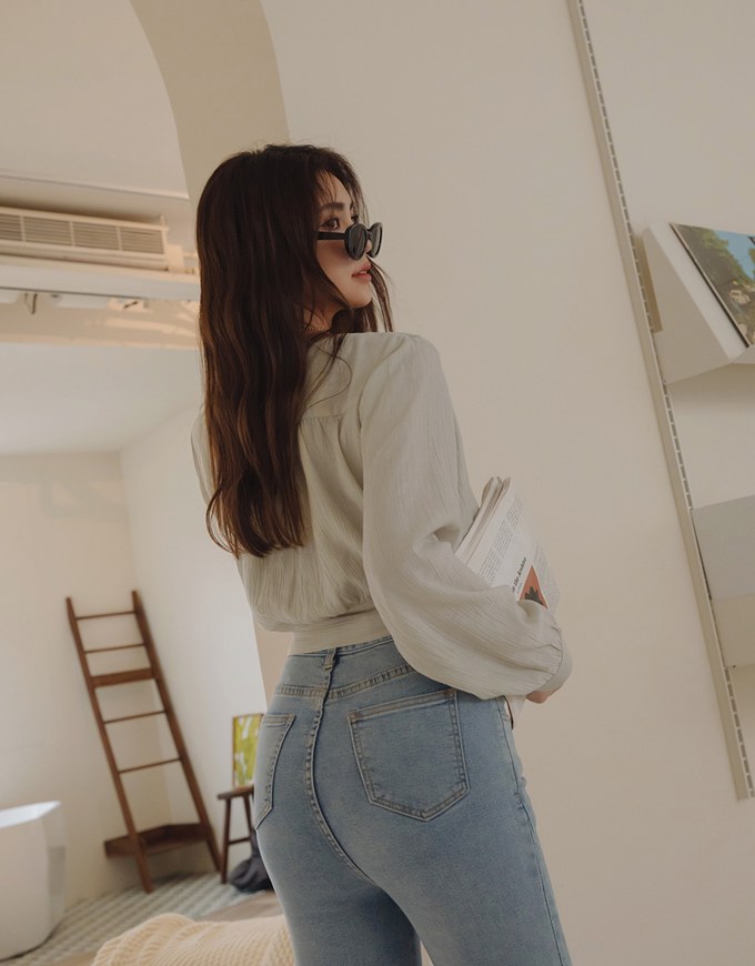 Textured Crinkled V-Necked Side-Drawstring Blouse Shirt