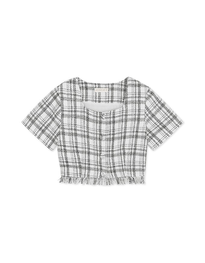 Cross-Checkered Square-Necked Ripped Button Top
