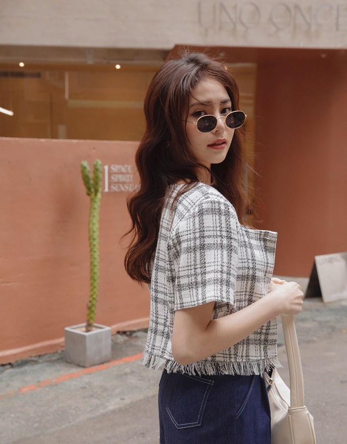 Cross-Checkered Square-Necked Ripped Button Top